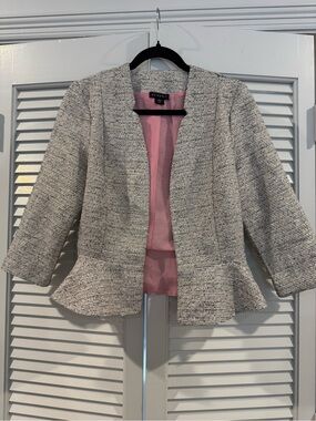 Metaphor Textured Peplum Jacket in Light Gray, Black, & White  Micro-Tweed